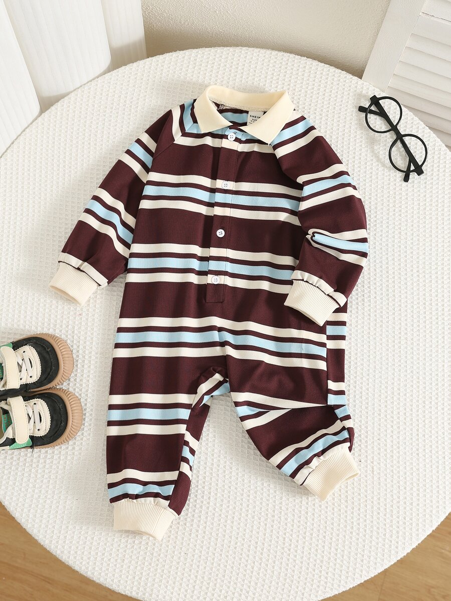 SHEIN 中性新生兒嬰兒男孩/女孩、幼兒秋冬保暖內裡加厚可愛對比色拼接條紋連身衣,嬰兒冬季連身衣,聖誕節 - 棕色 - 查看 1