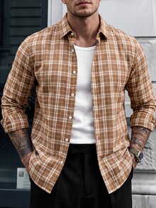 Manfinity Homme 1件男士成熟休閒風格子布料襯衫，通勤百搭時尚舒適，男友禮物、丈夫禮物、週年紀念禮物 - 棕色 - 查看 3