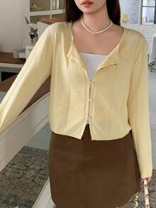 Dazy Plus Plus Size Korean Style Spring/Autumn Jacquard Button Long Sleeve Knit Cardigan - Yellow - View 4