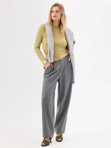 KÆRIA Hus Relaxed Wide Leg Trousers - Heritage Wool Suiting - Grey Marle - Elastic Waist, Pleated, Workwear - Grey - View 1