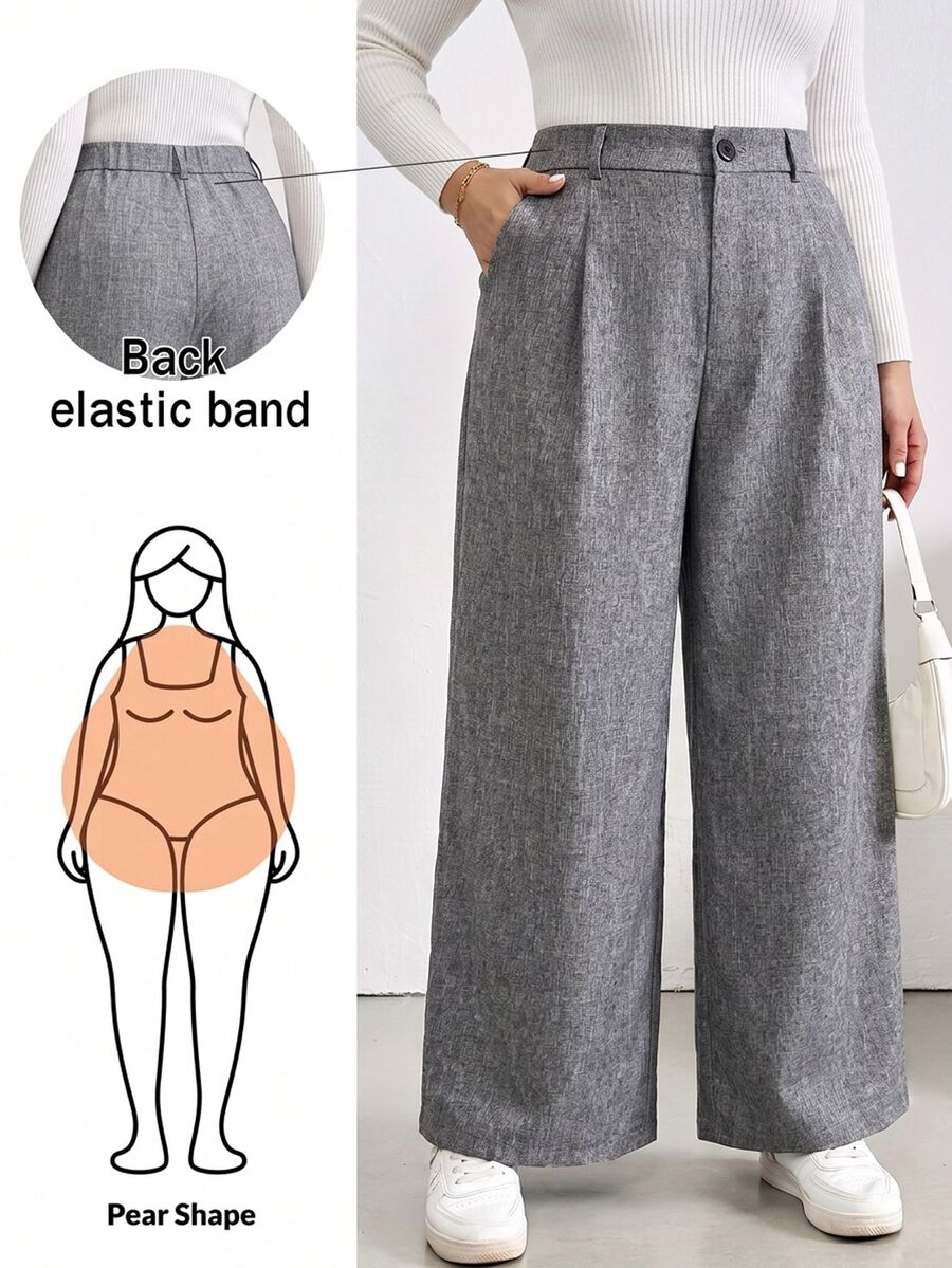 SHEIN Essnce Women's Plus Size Grey Wide-Leg Pants , Stylish, Casual, Loose, And Comfortable With An Elastic Waist (Fall/Winter), Bottom, Retro Style