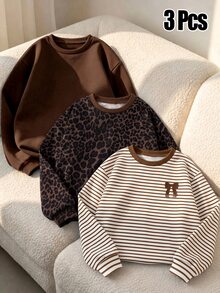 3 Random Pcs Girls' American College Style Bow Detail Brown Striped Crew Neck Sweatshirt, Cute Drop Shoulder Pullover Top For Big Tween Girl, New Leopard Print Pattern, Solid Color All-Match Versatile Sweatshirt, Suitable For Autumn/Winter Outdoor Wear - Multicolor - View 3