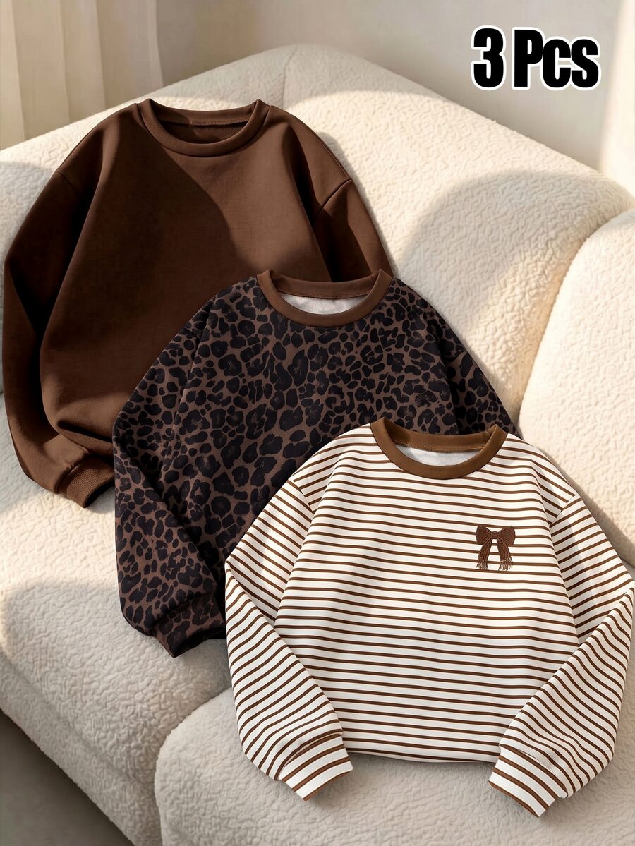 3 Random Pcs Girls' American College Style Bow Detail Brown Striped Crew Neck Sweatshirt, Cute Drop Shoulder Pullover Top For Big Tween Girl, New Leopard Print Pattern, Solid Color All-Match Versatile Sweatshirt, Suitable For Autumn/Winter Outdoor Wear - Multicolor - View 1
