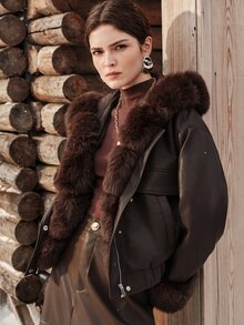 Anewsta Women Luxury Faux Leather Jacket With Plush Faux Fur Trim Hooded Winter Coat - Brown - View 1