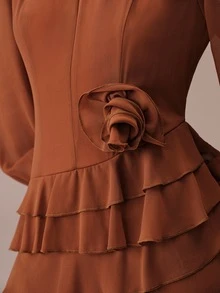 BELROSIE Gaun Panjang Ekstra Wanita Desain Romantis Elegan Berlapis-lapis Bahan Chiffon Warna Polos Musim Gugur/Musim Dingin, Cocok untuk Pesta Makan Malam Thanksgiving/Malam Hari dengan Nuansa Cokelat - Jeruk - View 4