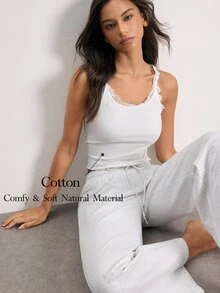 Ocili Grey Sweatshirt Pants Camisole Comfortable Cotton Top Lace Ruffle Wave Edge Cami Long Pants Women Loungewear Set - Light Grey - View 1