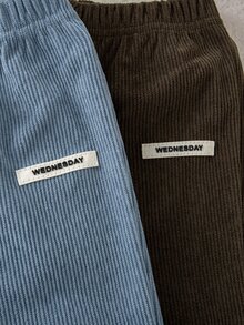 SHEIN Vintaside Kids 2件組幼兒男童燈芯絨長褲 學院風可愛棕色與藍色抽繩彈性腰羅紋直筒寬腿戶外秋季聖誕假期褲 - 彩色 - 查看 5