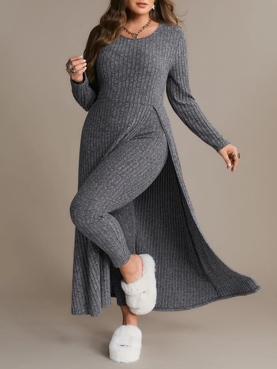 Freevana Ribbed Knit Two Pieces Set With Long Slit Tunic And Stretch Leggings, Cozy Loungewear-To-Streetwear - Dark Grey - View 1