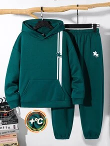 SHEIN 兒童青少年男孩騎士圖案長袖連帽衛衣與長褲套裝 - 墨綠色 - 查看 3