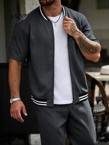 Manfinity CasualCool Men's Zipper Striped Short Sleeve Shirt And Drawstring Waist Pants Set - Dark Grey - View 4