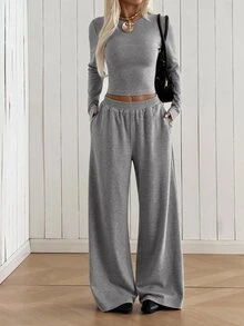 SHEIN EZwear 女款圓領長袖灰色針織休閒運動套裝 - 灰色 - 查看 5