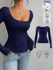 SHEIN BASICS 女款純色方領長袖修身簡約百搭 T-shirt，日常穿搭，海軍藍，秋冬保暖 - 藍色 - 查看 2