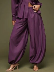 Hauture Women's Sexy Casual Solid Color Gathered Loose Oversized Balloon Pant - Purple - View 3