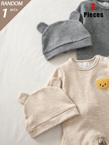 SHEIN 盲盒 3 件套 秋冬複合抓絨條紋印花熊刺繡圖案長袖連身衣，含足套褲與帽子 2 件組合，熱銷款舒適柔軟面料睡衣家居服 - 灰色 - 查看 6