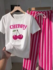 SHEIN EZwear 女款字母與水果印花短袖上衣搭配配色條紋長褲兩件套 - 玫紅色 - 查看 3