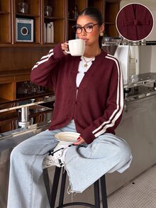 Muchica 女款休閒舒適酒紅與白色拼接織帶新中式盤扣開襟外套 中式立領秋冬長袖針織衫 - 紅色 - 查看 6