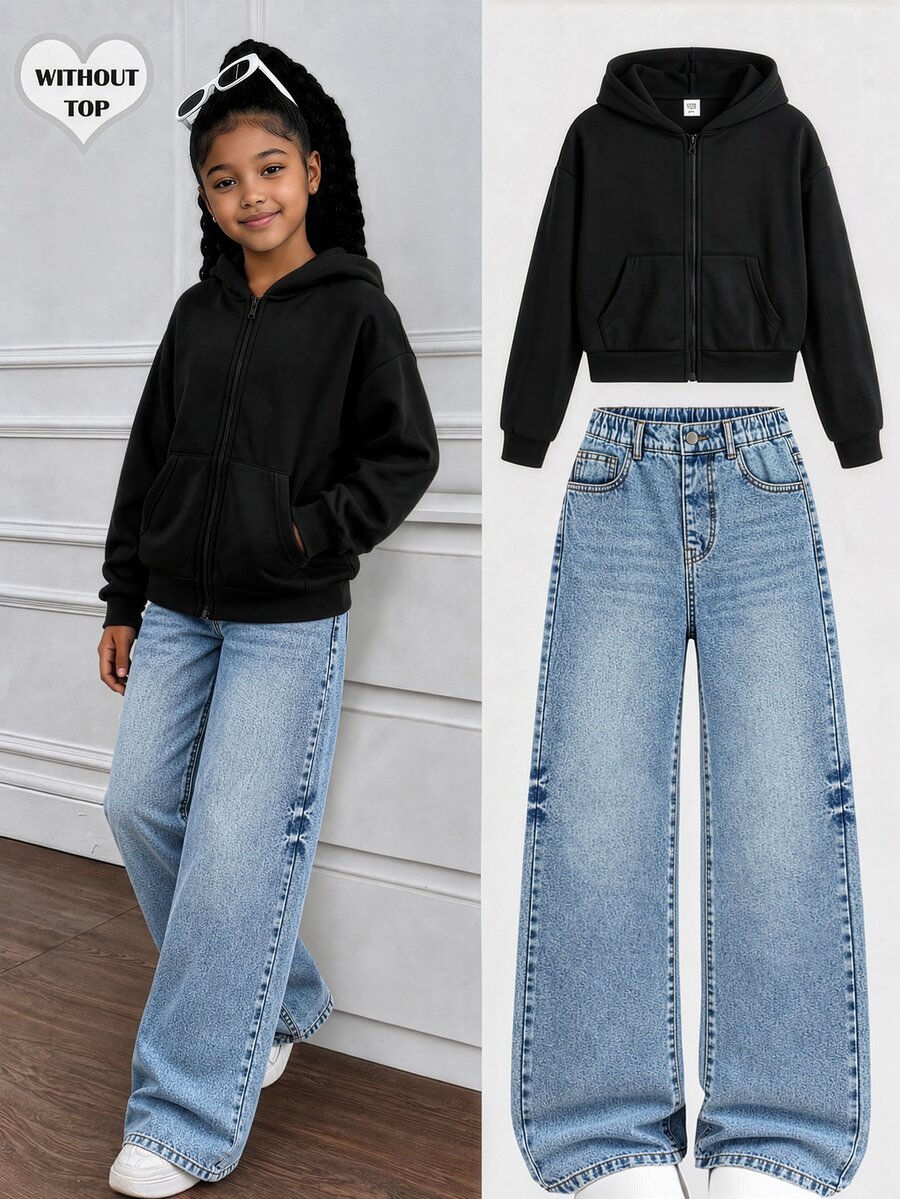 Tween Girl Y2K Vintage Washed High Waist Cat Whisker Loose Wide Leg Denim Jeans, Autumn/Winter Back To School Street Style - Medium Wash - View 1