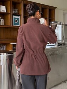 Muchica Women's Autumn/Winter New Brown Fleece Waist-Cinching Casual Jacket - Brown - View 2