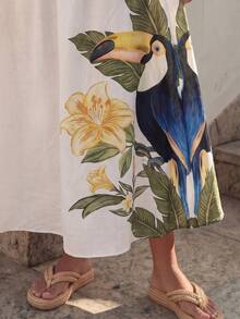 CAJUNI Elegant Skirt And Tank Top Set With Tropical Toucan And Floral Print - Multicolor - View 9