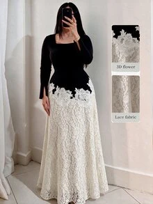 Modelyn 大尺碼雙色方領蕾絲喇叭下擺洋裝 - 彩色 - 查看 5