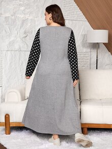 Lacomfia Plus Size Women's Loose Casual A-Line Square Neck Long Sleeve Polka Dot Patchwork Button Decor Autumn Long Dress - Grey - View 2