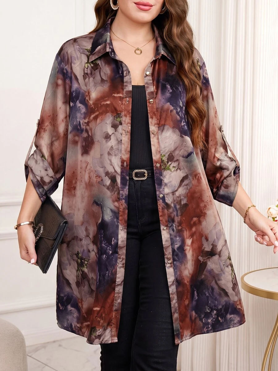 SHEIN Clasi 女款大尺碼優雅時尚全印花長版襯衫 - 彩色 - 查看 1