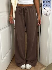 SHEIN EZwear 女款純色抽繩彈性腰休閒日常百搭寬鬆運動長褲 - 棕色 - 查看 5