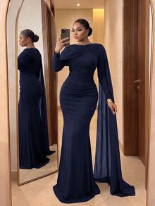 SHEIN Lady CURVE Plus Size Women's Fashion Elegant Round Neck Bow Design Long Sleeve Fitted Dress Fall - Navy Blue - View 3