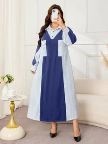 Lacomfia Plus Size Women's Patchwork Striped Utility Pocket Casual Loose Shirt Dress - Blue - View 3