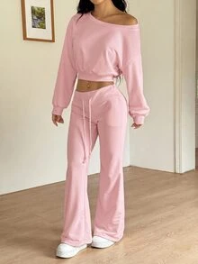 SHEIN EZwear 女款休閒舒適玫瑰粉不對稱肩領衛衣與喇叭運動長褲兩件套，秋冬款 - 玫紅色 - 查看 3