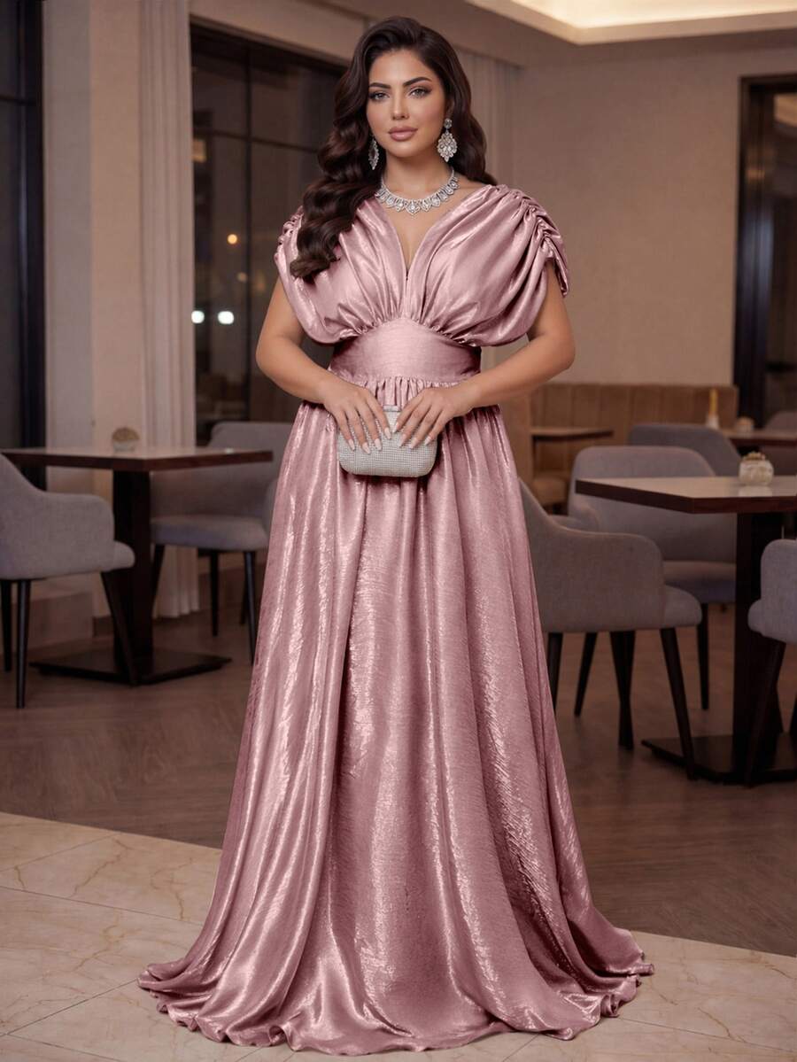 SHEIN Lady CURVE 大尺碼女款純色收腰短袖亮面派對洋裝 - 藕粉色 - 查看 1