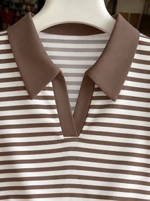 Resyla Brown & White Color Block Striped Short Sleeve Women's Polo Collar Top - Multicolor - View 3