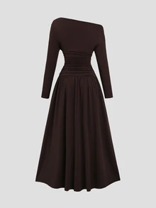 Sweetra New Elegant Asymmetrical Shoulder Waist-Flattering Slimming Long Sleeve Umbrella Hem Commuter Street Daily Fashion Coffee Long Dress - Coffee Brown - View 2