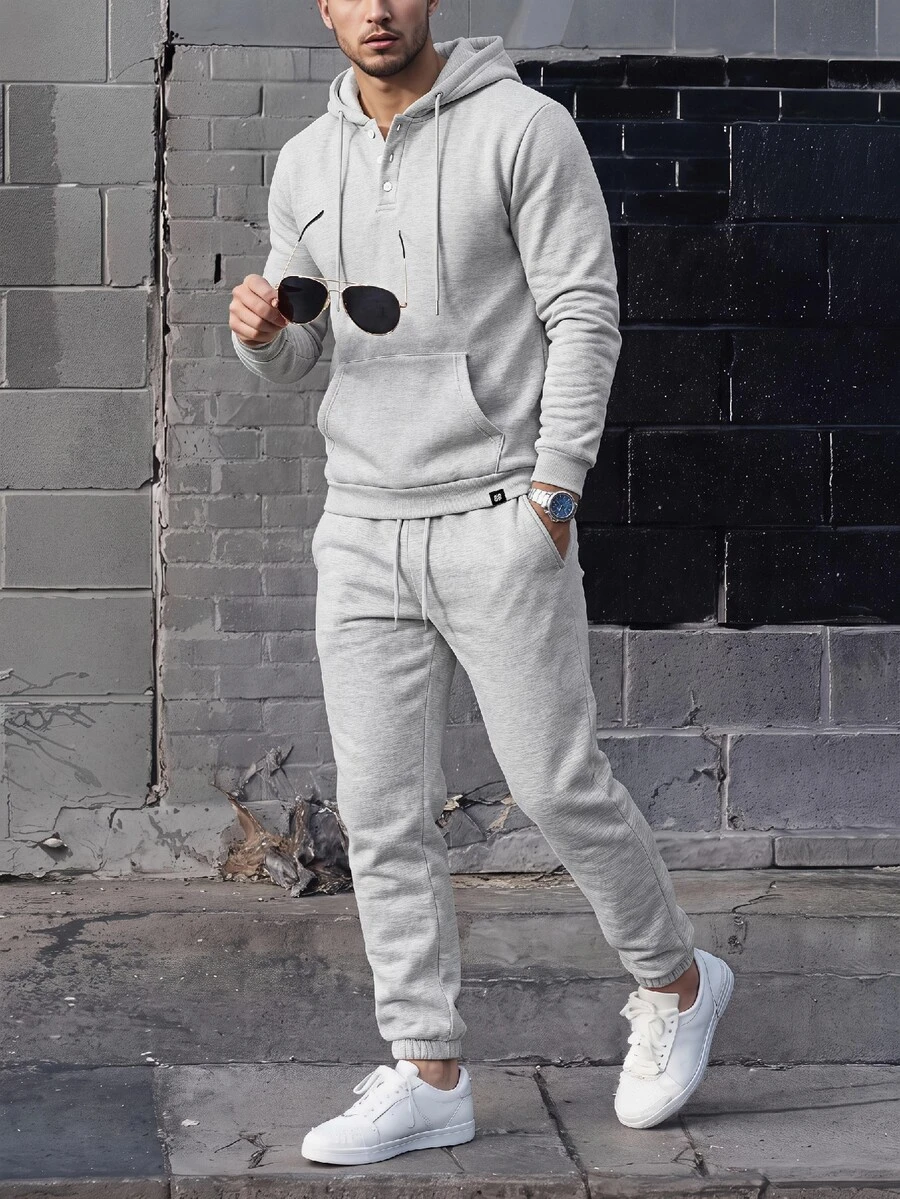 SWAVVY Men's Long Sleeve Pocket Half-Button Placket Hooded Sweatshirt And Sweatpants Set - Grey - View 1