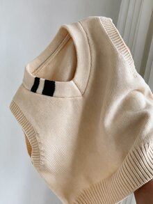 SHEIN 兒童小男孩休閒學院風百搭灰色條紋針織背心毛衣，適合春季、秋季、冬季與返校季 - 杏色 - 查看 5