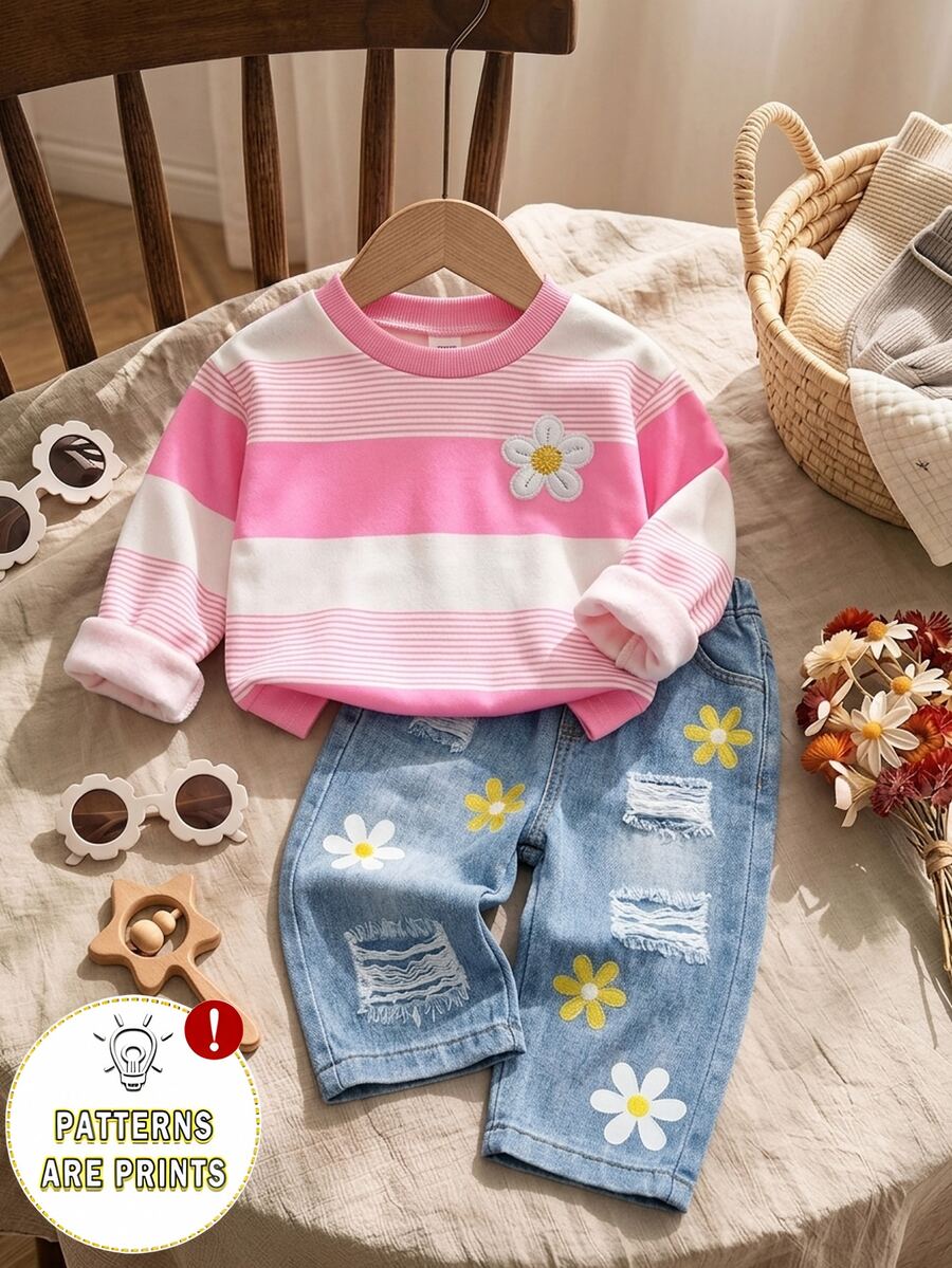 SHEIN Playful Pals 女嬰 T 恤套裝 2 件組 牛仔休閒套頭條紋印花長袖戶外穿搭套裝 卡其色與灰色配色 - 粉色 - 查看 1