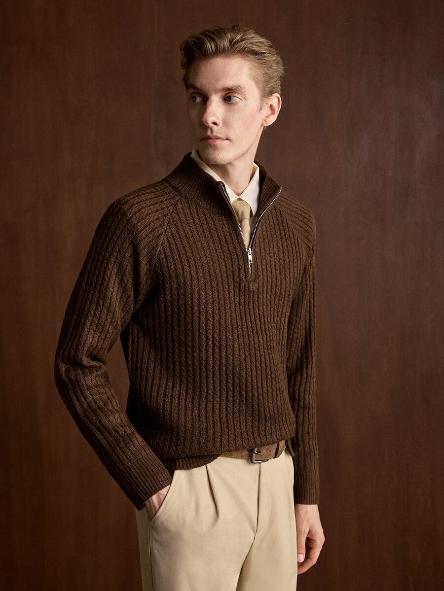 Manfinity CityGents Men's Minimalist Half-Zip Ribbed Knit Long Sleeve Sweater - Coffee Brown - View 1