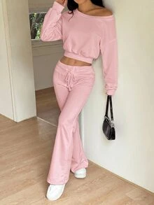 SHEIN EZwear 女款休閒舒適玫瑰粉不對稱肩領衛衣與喇叭運動長褲兩件套，秋冬款 - 玫紅色 - 查看 5