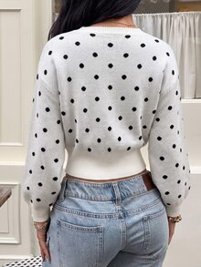 Dulcita Women's Casual Round Neck Polka Dot Long Sleeve Sweater - White - View 2