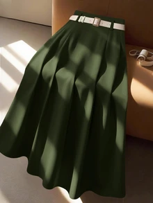 GlowEve CURVE Plus Solid Fold Pleated Belted Skirt - Army Green - View 4