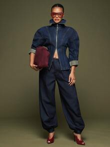 Hauture Women's High Neck Zipper Streetwear Denim Jacket - Dark Wash - View 2