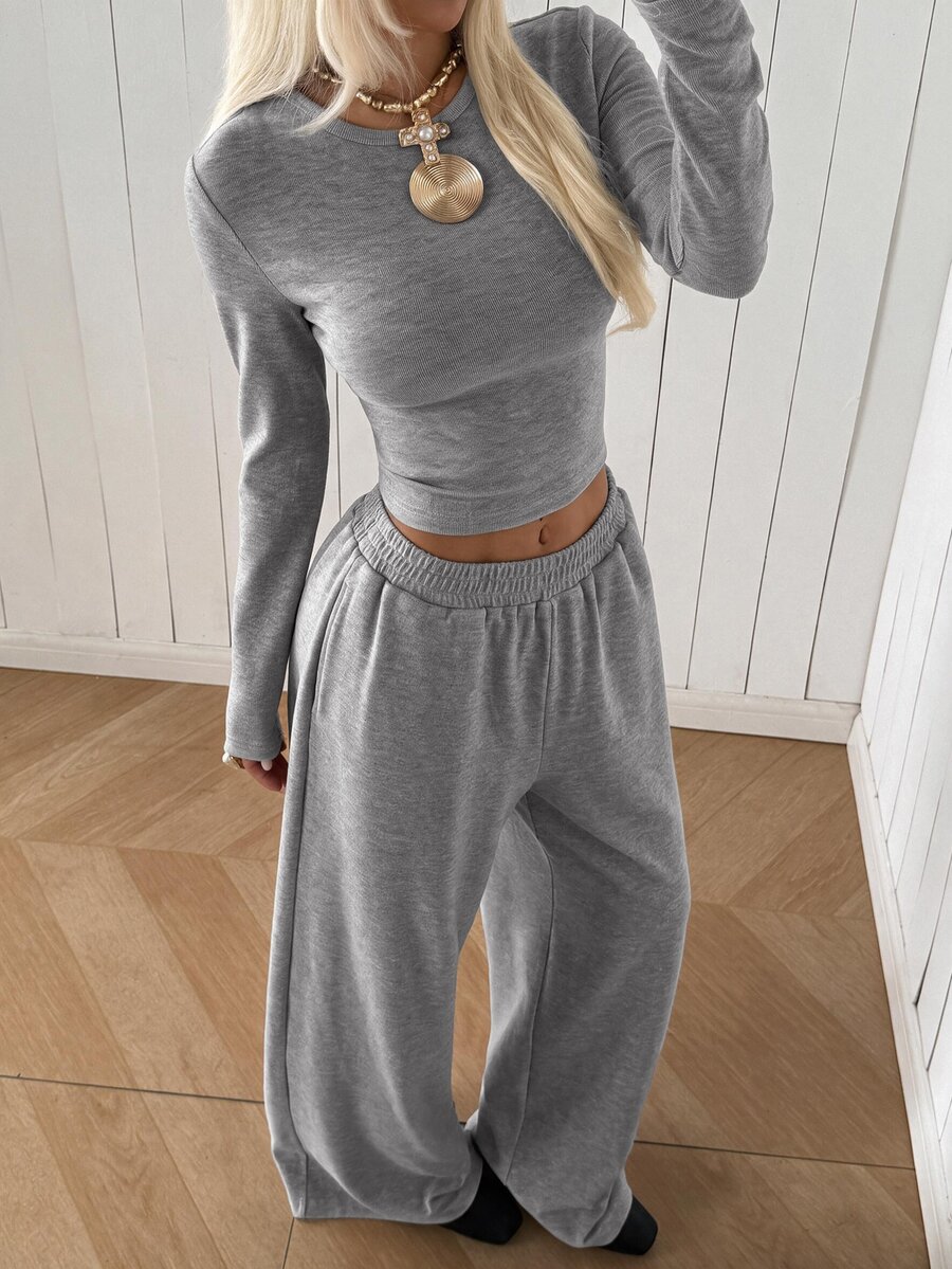 SHEIN EZwear 女款圓領長袖灰色針織休閒運動套裝 - 灰色 - 查看 1