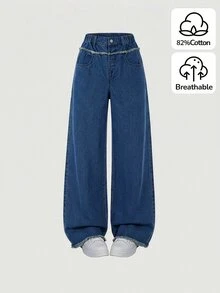 SHEIN 青少年女孩寬鬆直筒毛邊牛仔褲，彈性腰帶設計，深藍色水洗丹寧布料，休閒時尚極簡風格，寬腿版型，輕盈柔軟舒適的高級棉質丹寧材質，百搭日常穿著，可搭配T恤，適合秋冬假期、日常出遊、通勤、聚會、學校、大學、返校季 - 深色水洗藍 - 查看 3