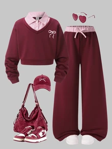 SHEIN 2件組 秋冬青少年女孩 Romweezy 寬鬆休閒正式風拼接撞色 2合1 V領短版衛衣＋寬腿褲套裝 酒紅色 - 酒紅色 - 查看 1