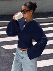 Muchica 女款圓領純色抓皺腰褶皺蝙蝠袖時尚百搭休閒T恤 - 藏蓝色 - 查看 4