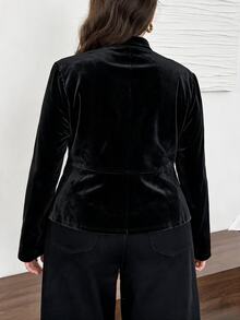 Easowa Curve 大尺碼女款黑色西裝外套，秋冬款，半高領，前開襟拉鍊，拿破崙金屬鈕扣裝飾，修身顯瘦，休閒日常穿著 - 黑色 - 查看 2