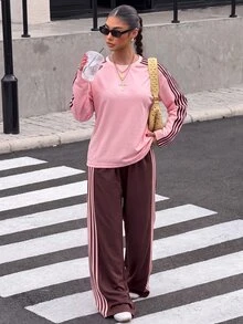 Muchica 女款休閒舒適粉色與棕色拼接織帶圓領長袖上衣搭配棕色長褲與粉色織帶細節，2件套，秋冬常規款 - 粉色 - 查看 4