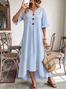 EMERY ROSE Casual Loose Notched V-Neck Short Sleeve Ruffle Hem Dress, Suitable For Vacation, Travel And Outings - Blue - View 4