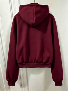 SHEIN 青少年女孩酒紅色拉鍊式落肩長袖休閒連帽衛衣外套，保暖內裡，基礎款，秋冬 Y2K 瑜伽度假派對適用 - 酒紅色 - 查看 2