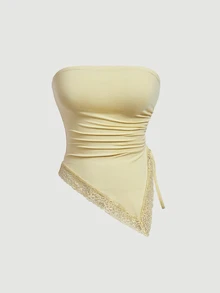 SHEIN MOD 2pcs Women's Bandeau Drawstring Asymmetrical Hem Pleated Split Top - Pink - View 7